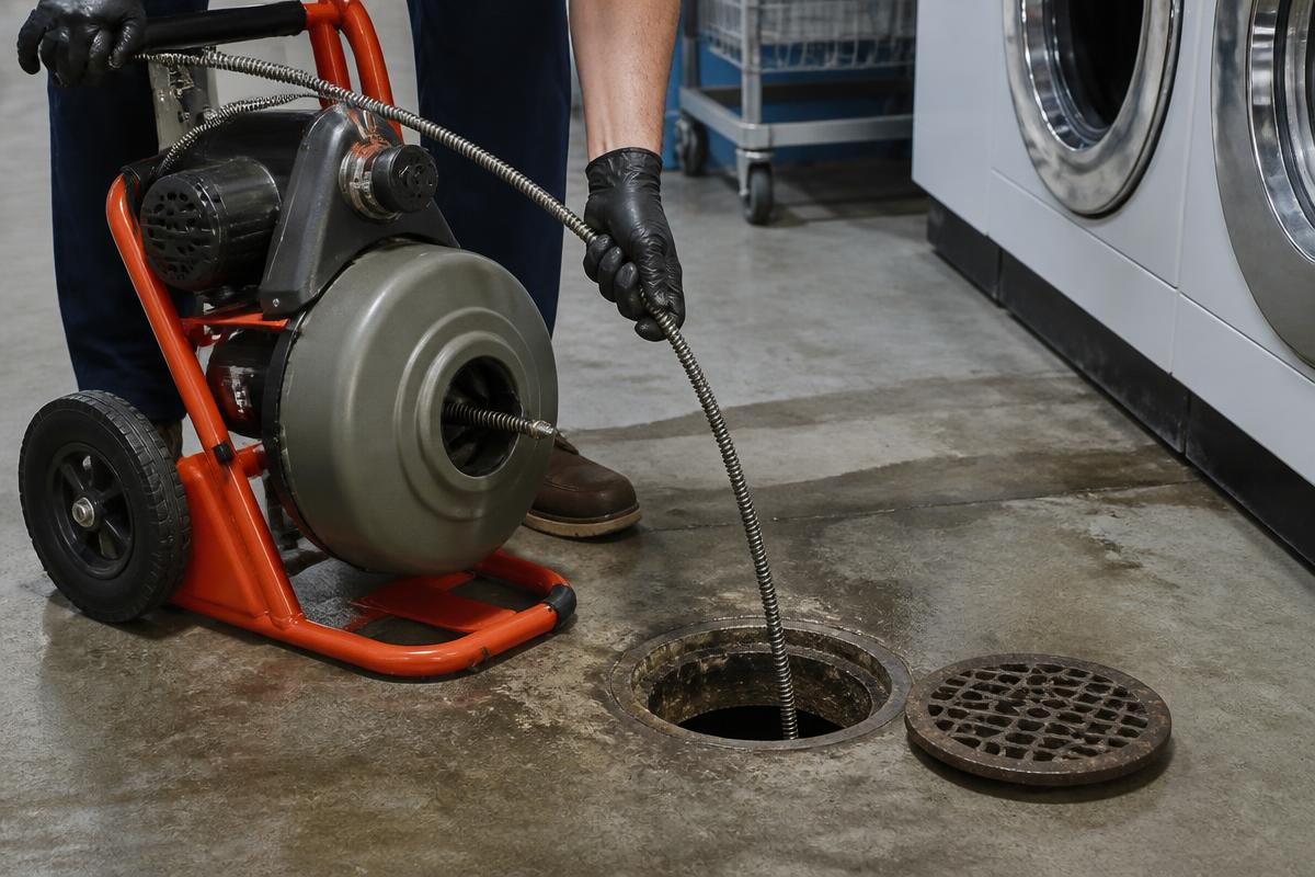Máquina destapadora con cable de acero trabajando sobre una boca de desagüe cloacal